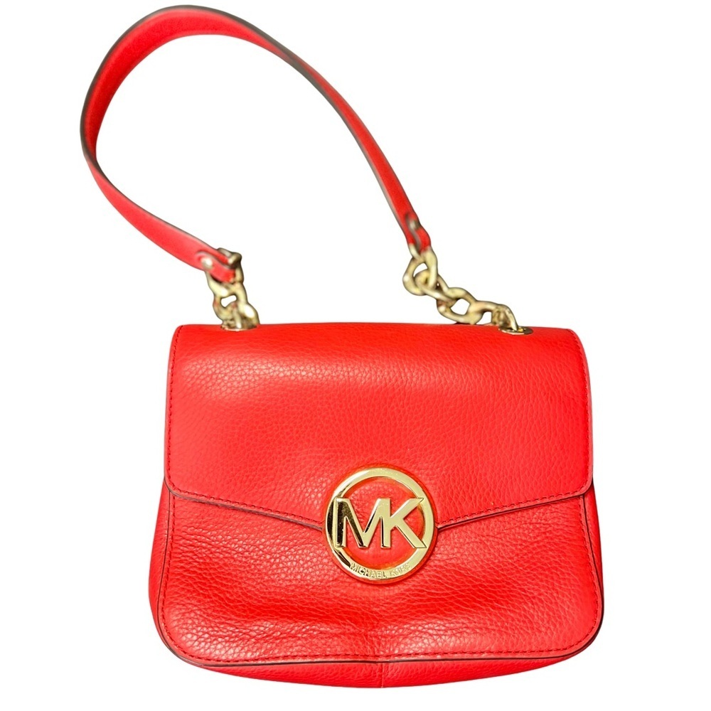 Michael Kors Red Leather Small Top Handle Satchel / Crossbody Bag Gold MK Logo